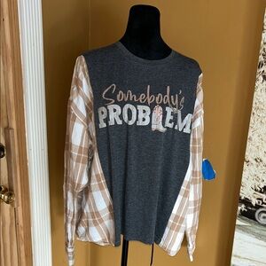 Upcycled Gray and Plaid Long Sleeve Graphic Tee